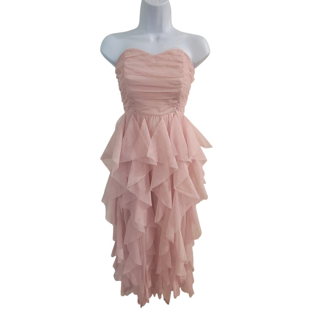 Forever 21 Pink Tulle Tiered Ruffle Strapless Maxi Dress Size Small